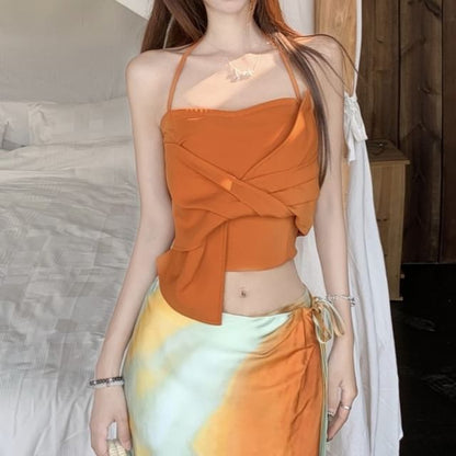 Crop Halter Slim / Fit Rise Tie A-Line Top Cami Wrap Plain Skirt Mid Knot Maxi Dye