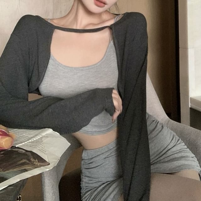 Crop Top Melange Set Slim Skirt Mini Elastic Cardigan Waist Drawstring / Fit Camisole Pencil