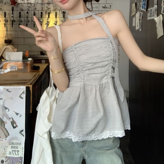 Tube Trim Peplum Lace Ruched Plaid Top