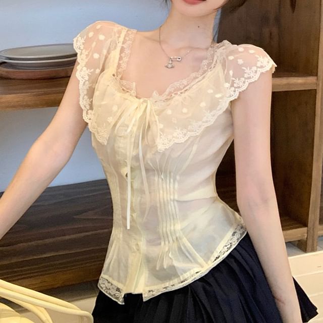 Fit Lace Pintuck Blouse Off-Shoulder Cap-Sleeve Panel Slim