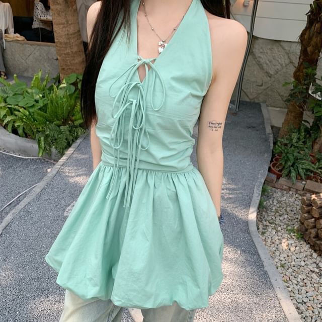 Mini Skirt Plain V-Neck Bow Halter A-Line Bubble Hem