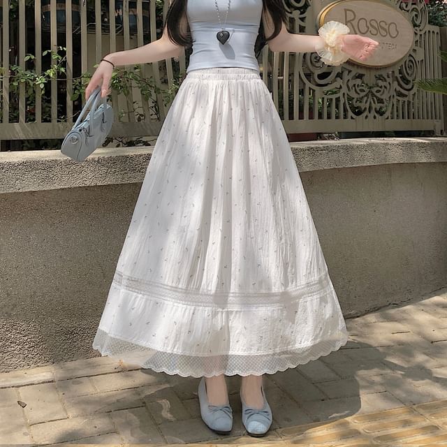 Panel Elastic Midi Floral Skirt A-Line Waist Lace