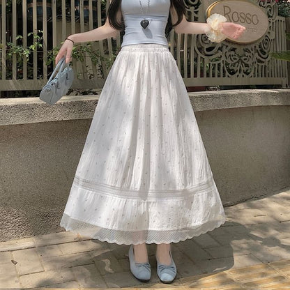 Panel Elastic Midi Floral Skirt A-Line Waist Lace