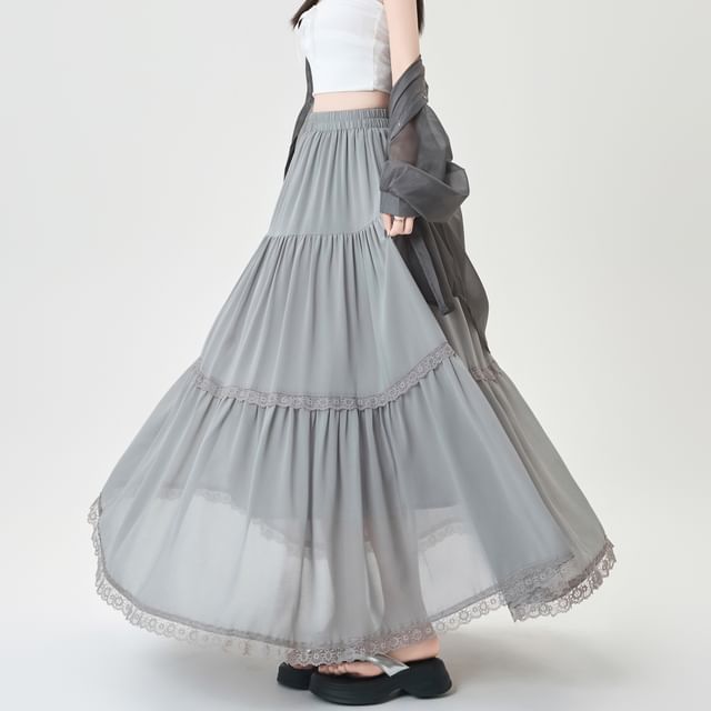 Midi Trim Plain Lace Skirt Tiered Elastic A-Line Waist
