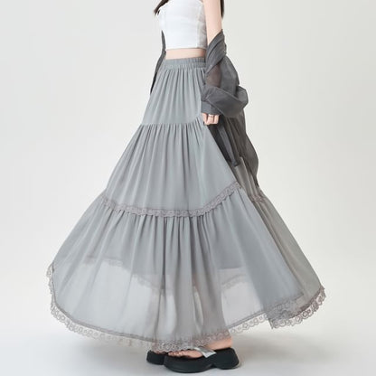 Midi Trim Plain Lace Skirt Tiered Elastic A-Line Waist