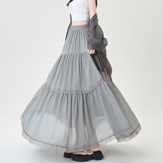 Midi Trim Plain Lace Skirt Tiered Elastic A-Line Waist