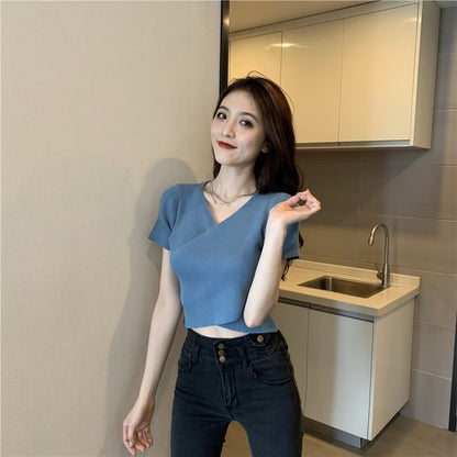 Short-Sleeve Crop V-Neck Tee Asymmetrical Plain Ribbed