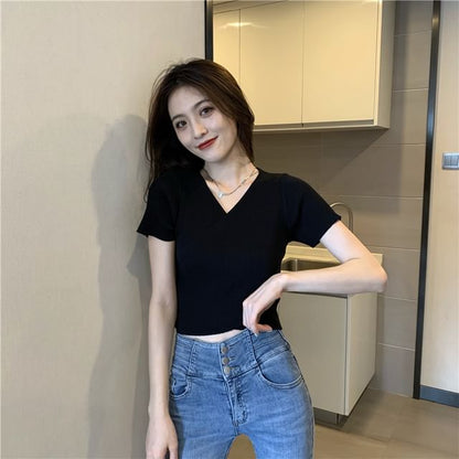 Short-Sleeve Crop V-Neck Tee Asymmetrical Plain Ribbed