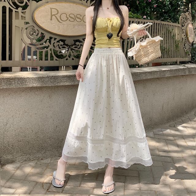 Panel Elastic Midi Floral Skirt A-Line Waist Lace