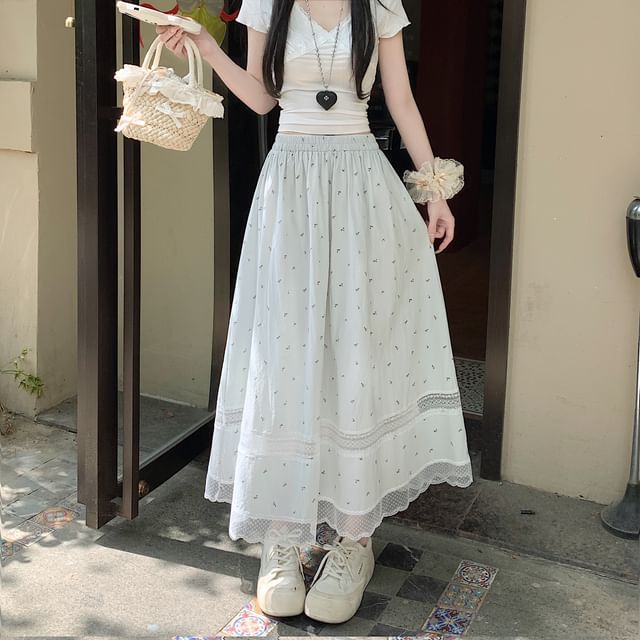 Panel Elastic Midi Floral Skirt A-Line Waist Lace