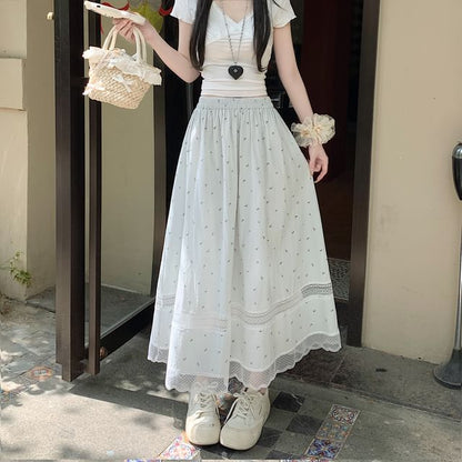Panel Elastic Midi Floral Skirt A-Line Waist Lace