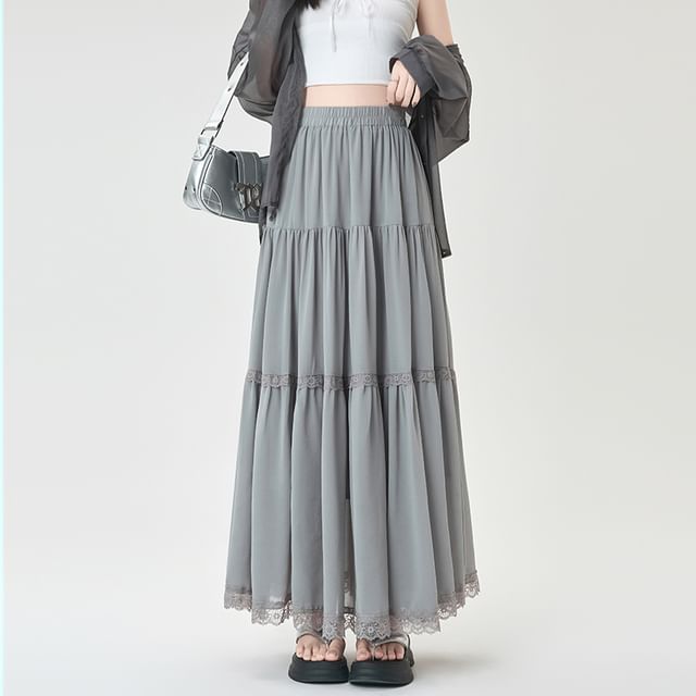 Midi Trim Plain Lace Skirt Tiered Elastic A-Line Waist