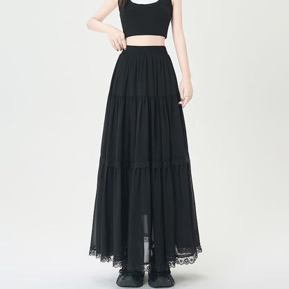 Midi Trim Plain Lace Skirt Tiered Elastic A-Line Waist