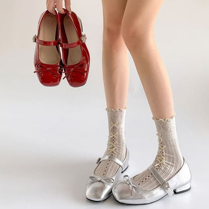 Toe Jane Mary Low Square Leather Bow Pumps Heel Faux