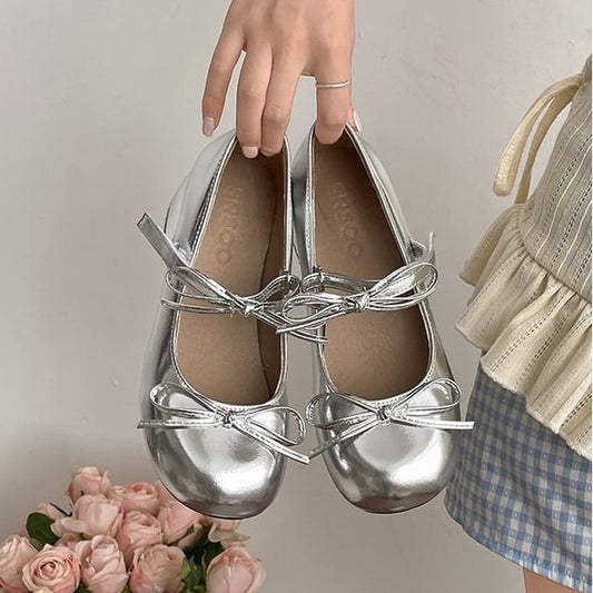 Leather Jane Chunky Pumps Heel Mary Faux Bow