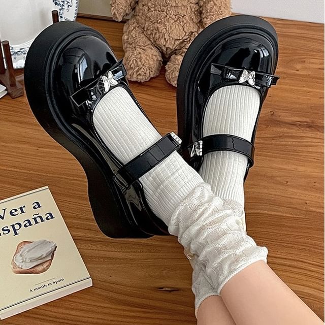 Bow Platform Mary Shoes Butterfly Patent Leather Jane