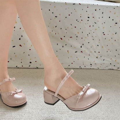 Patent Bow Leather Sandals Chunky Heel