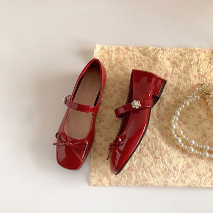 Toe Jane Mary Low Square Leather Bow Pumps Heel Faux