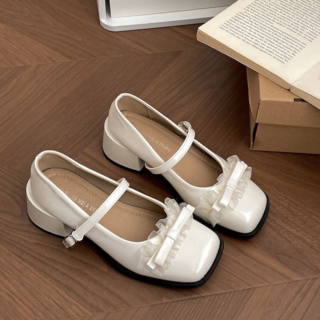 Heel Pumps Jane Toe Frill Square Chunky Trim Mary Bow