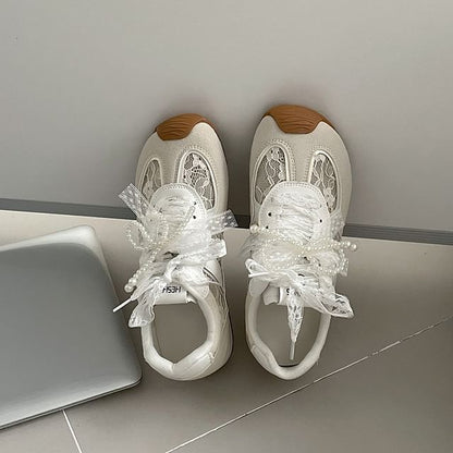 Wedge Sneakers Panel Lace-Up Lace Faux Hidden Leather