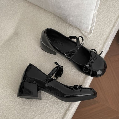 Leather Jane Chunky Pumps Heel Mary Faux Bow