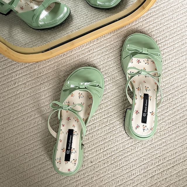 Patent Bow Leather Sandals Chunky Heel