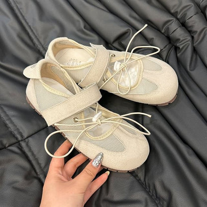 Faux Strap Panel Mesh Leather Adhesive Jane Mary Shoes