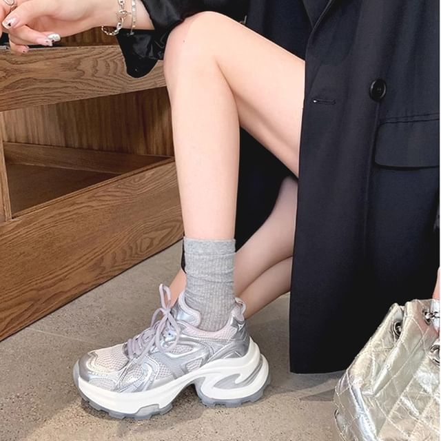 Genuine Panel Sneakers Platform Leather Lace-Up Mesh