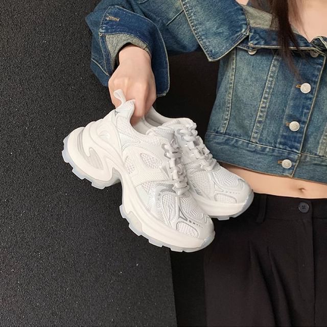 Genuine Panel Sneakers Platform Leather Lace-Up Mesh