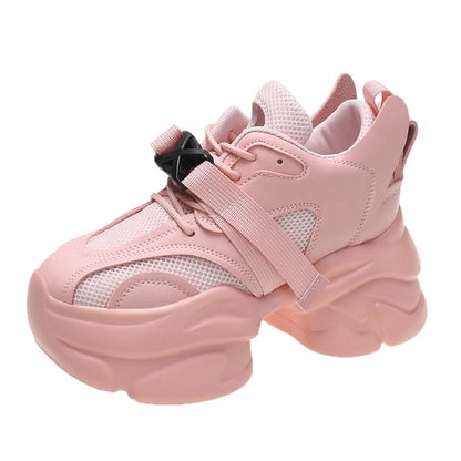 Mesh Buckled Platform Sneakers Lace-Up