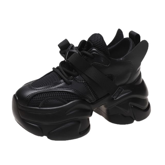 Mesh Buckled Platform Sneakers Lace-Up