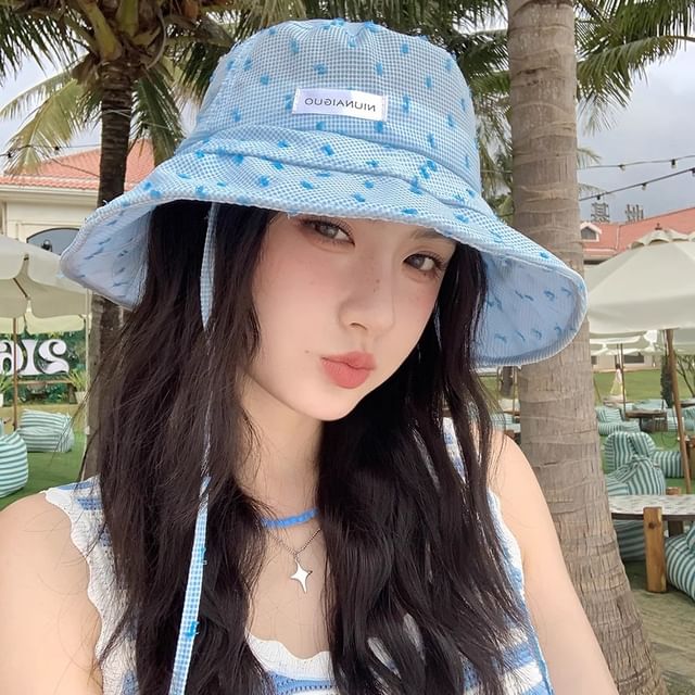 Lettering Bucket Plaid Applique Hat