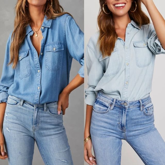 Long Denim Loose-Fit Shirt V-Neck Sleeve