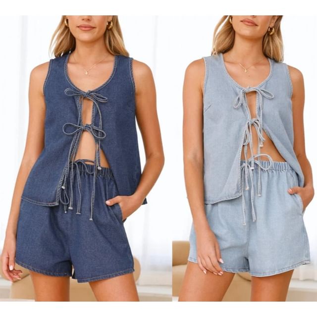 + Top High Mini Wide-Leg Set: Tank Tie-Front Waist Denim V-Neck