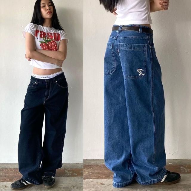 Low Jeans Rise Loose-Fit Washed Wide-Leg