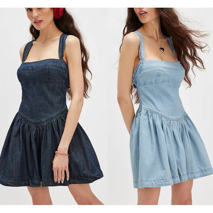 Dress Mini Washed Slim-Fit Sleeveless Denim Square-Neck
