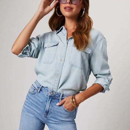 Long Denim Loose-Fit Shirt V-Neck Sleeve
