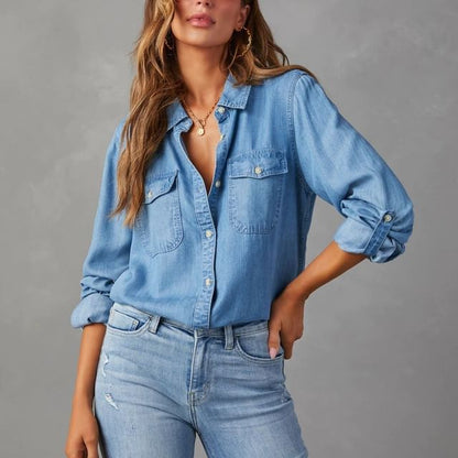 Loose-Fit Shirt Denim Sleeve Long V-Neck