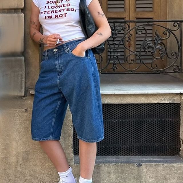 Washed Low Denim Shorts Straight-Leg Pocket Waist