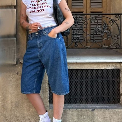 Washed Low Denim Shorts Straight-Leg Pocket Waist