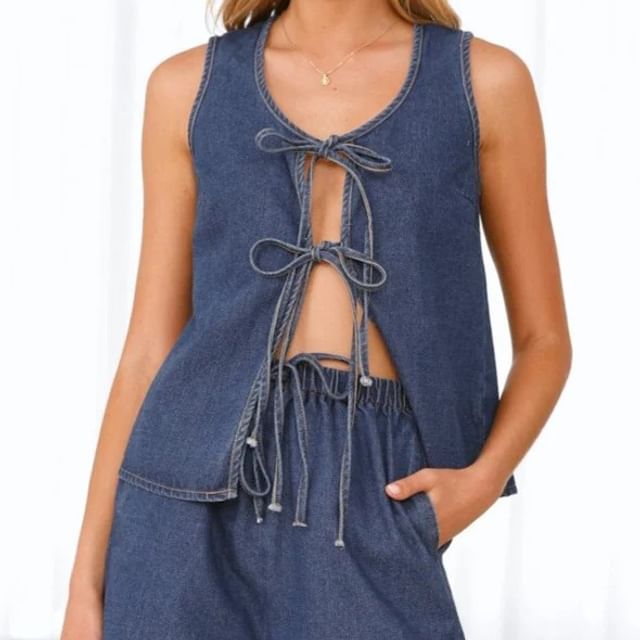 Wide-Leg Set: Mini V-Neck Waist Shorts Top High + Denim Tank Tie-Front