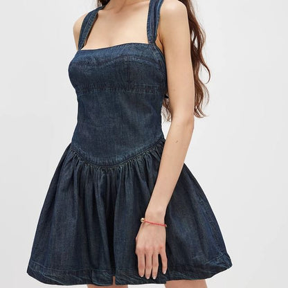 Denim Washed Slim-Fit Mini Sleeveless Dress Square-Neck