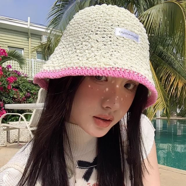 Applique Contrast Bucket Hat Lettering Knit Trim