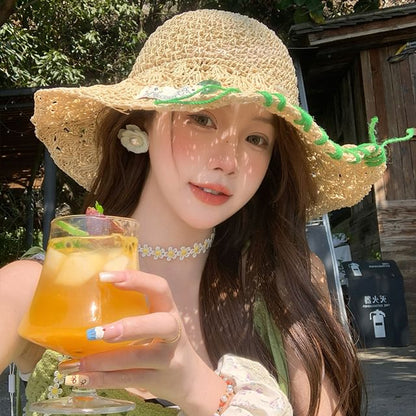 Hat Sun Contrast Stitching Straw