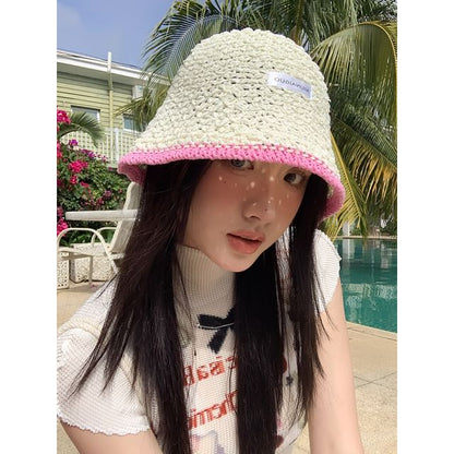 Applique Contrast Bucket Hat Lettering Knit Trim