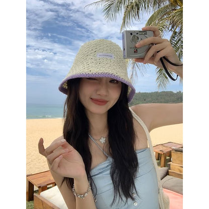 Applique Contrast Bucket Hat Lettering Knit Trim