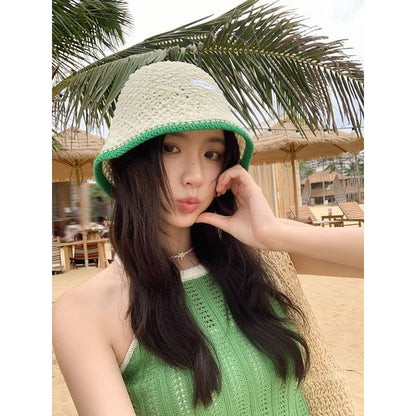 Applique Contrast Bucket Hat Lettering Knit Trim