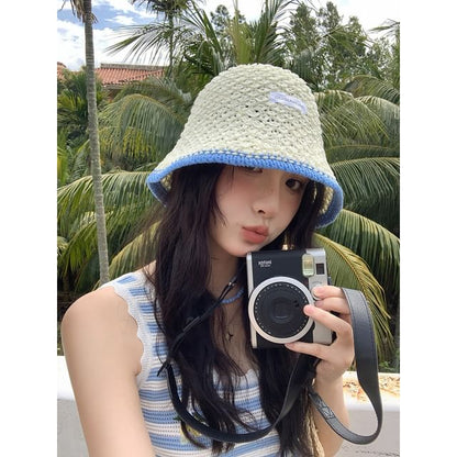 Applique Contrast Bucket Hat Lettering Knit Trim