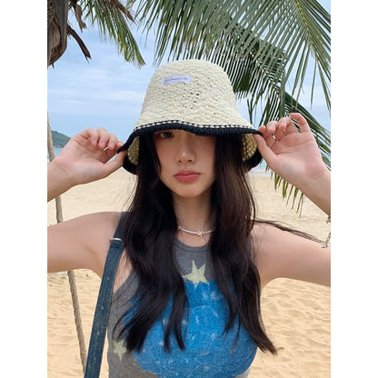 Applique Contrast Bucket Hat Lettering Knit Trim