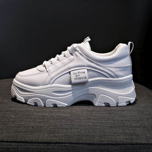 Faux Lace-Up Plain Platform Sneakers Leather